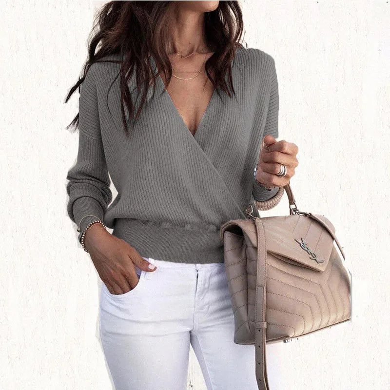 Beige Knitting Sweater Tops deep V-Neck Grey Long Warm Winter Female cross sexy Solid Black Women Pullover Crop Short Sweaters | Женская