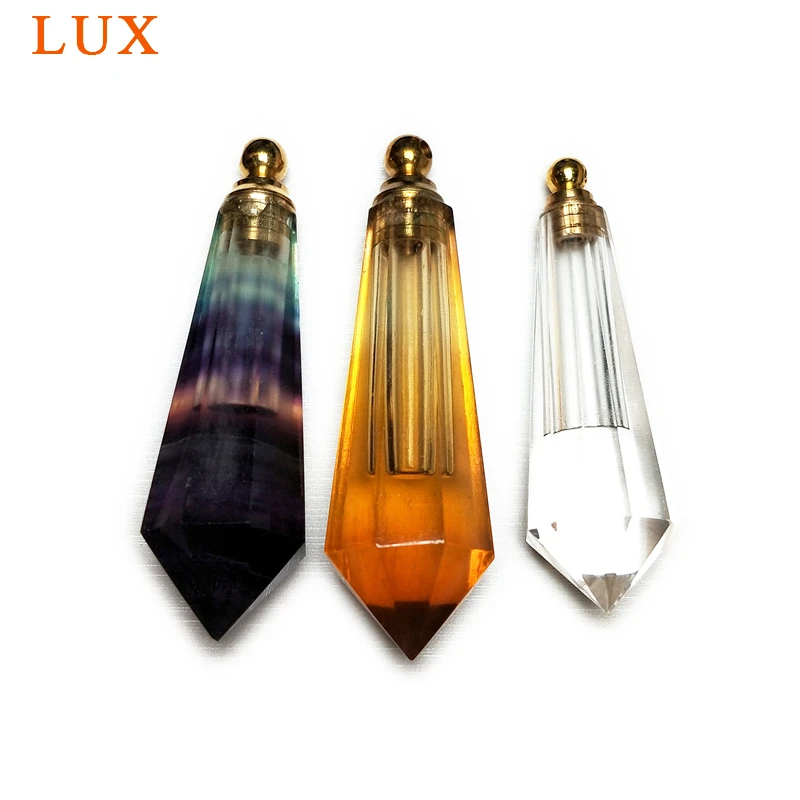 

LUX Genuine Citrines fluorite Clear quartz Perfume Bottle Pendant pointed shape Magical Medicine Essential Oils Diffuser charm