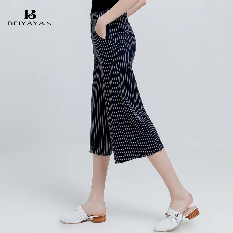 BEIYAYAN Pantalon Femme 2017 Женщин Летние Брюки С Карманами Повседневная Полосатый Капри |