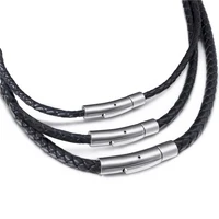345mm mens womens black braided genuine leather cord stainless steel secure clasp necklace chain wholesale jewelry