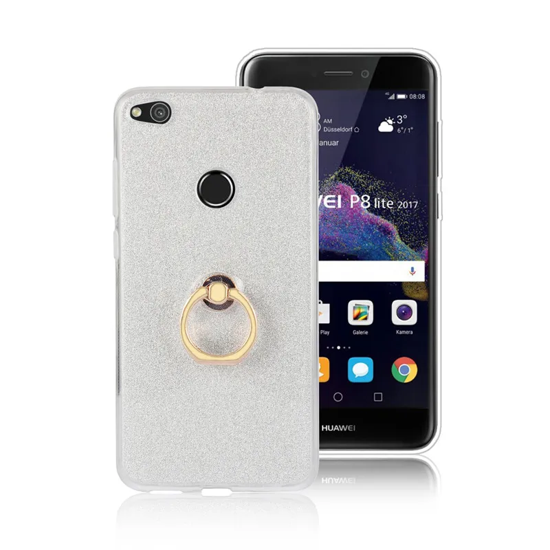 Huawei P8 Lite 2017 Case Shiny Glitter Bling Silicon Phone Cover Soft Finger Ring Bracket Back |