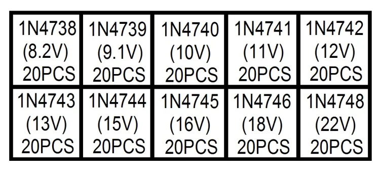 

10 Values 200pcs (1N4738~1N4748) 1N4739 1N4740 1N4741 1N4742 1N4743 1N4744 1N4745 1N4746 Zener Diode Assortment Electronic Kit