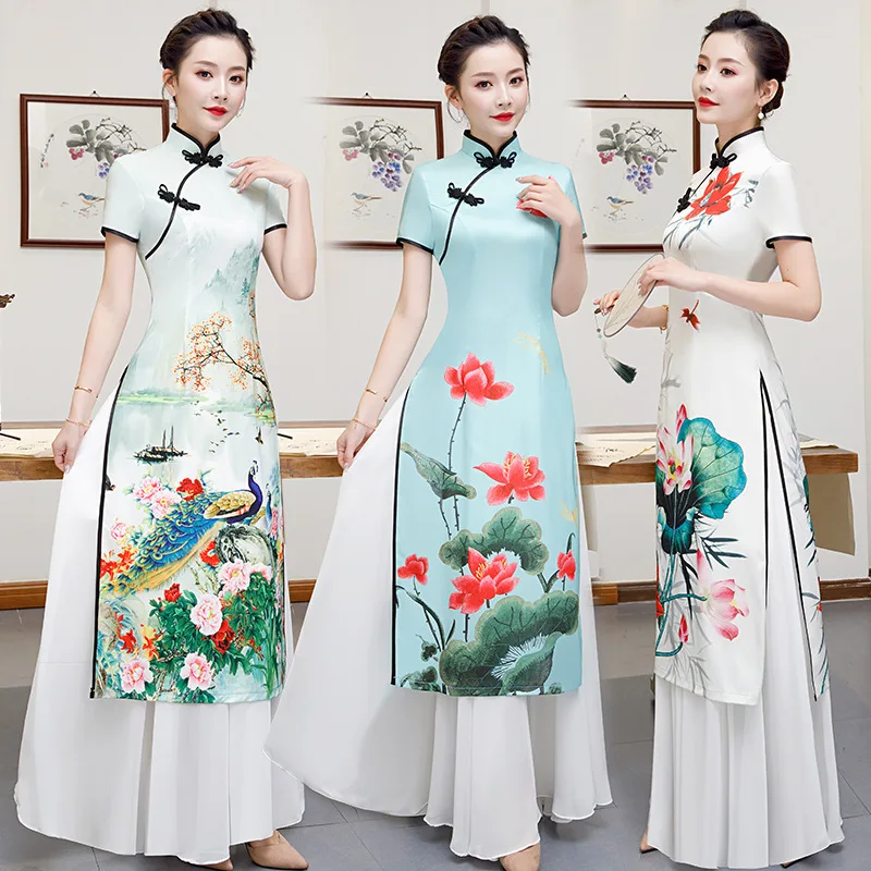 

Sky Blue Print Flower Plus Size 5XL Chinese Traditional Women Aodai Qipao Vintage Cheongsam Novelty Chinese Formal Dress