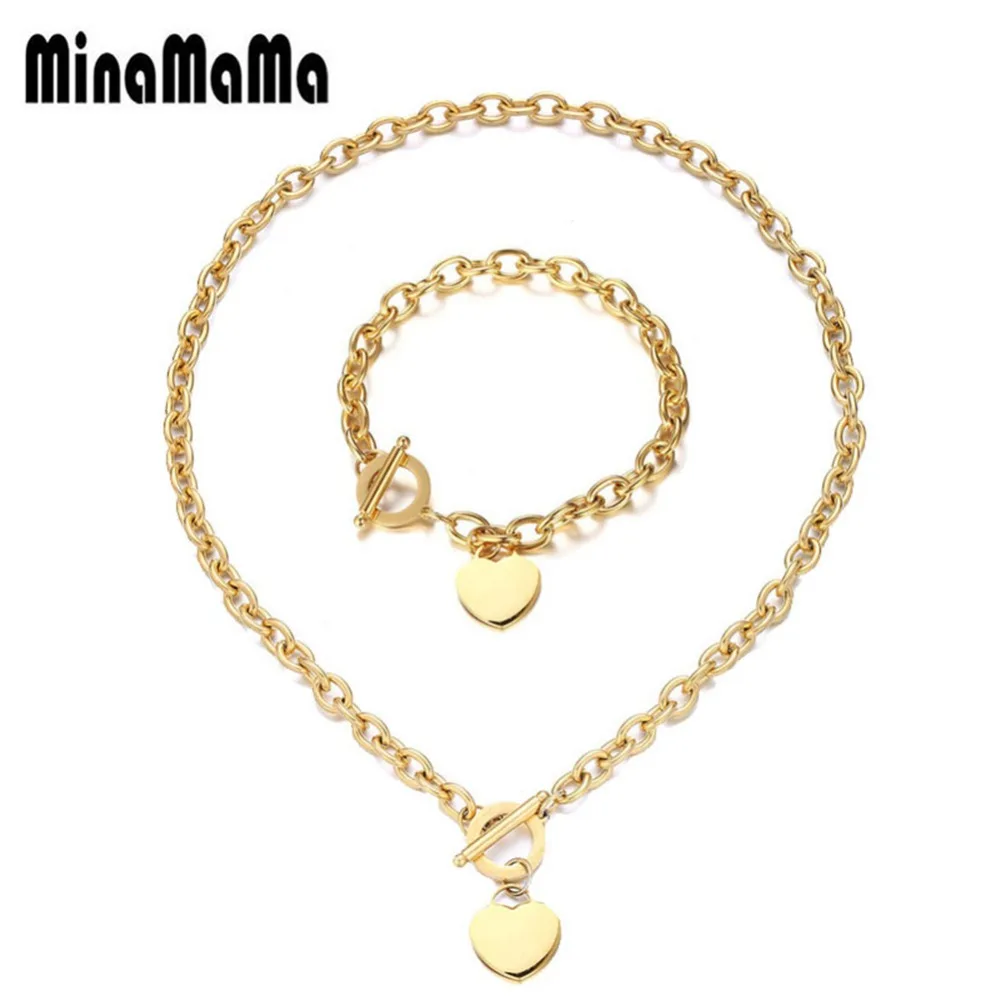 Stainless Steel Chain Heart Jewelry Sets For Women OT Clasp Peach Charm Toggle Necklace Bracelet Set | Украшения и аксессуары