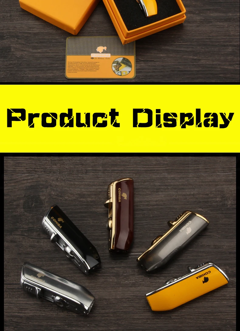 COHIBA металлическая ветрозащитная Мини карманная сигарная зажигалка, 3 струйный синий фонарь, зажигалки для сигарет с сигарой, подарочная коробка