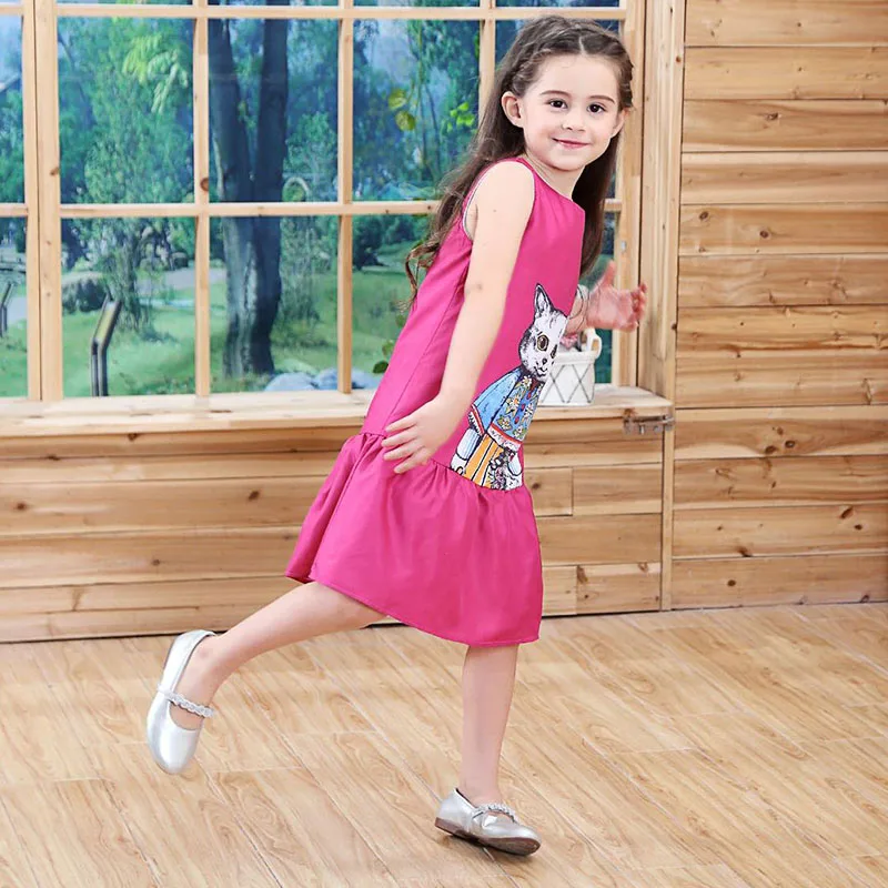 Autumn Spring fashion rose cartoon cat print baby girls sleeveless dress kids Children brand clothes 3 to 9 yrs | Детская одежда и