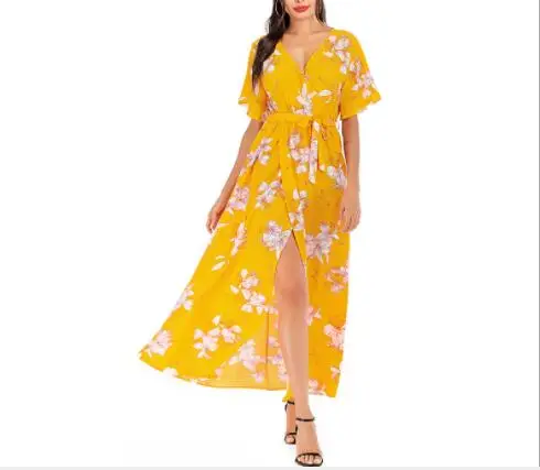 

Boho V Neck Beach Women Long Dress Chiffon Split Floral Print Summer Dress Lace up Beach Maxi Vestidos