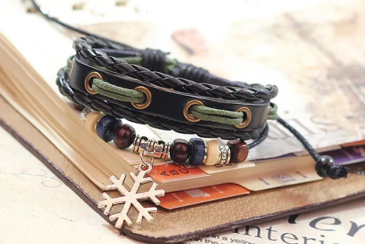 New Style Handmade Braided Alloy Snow Pendant Wax Cord Leather Charm Bracelet RuYiSLQ202 | Украшения и аксессуары
