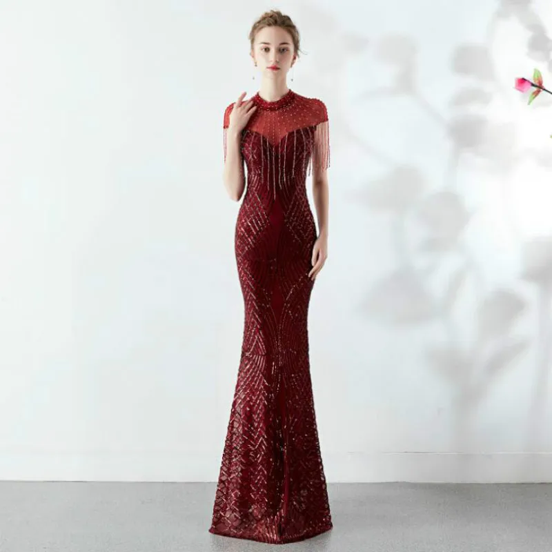 

U-SWEAR 2020 New Arrival Bridesmaid Dress Sequined O-Neck Illusion Beading Mermaid/Trumpet Sexy Slim Long Party Dresses Vestidos