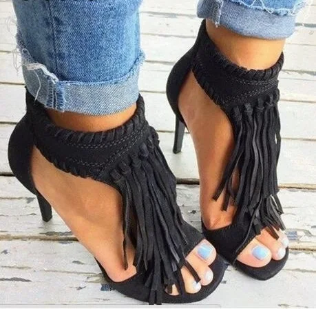 

Fashionable Black Brown Suede Fringe Tassels Weave Ankle Strap Sandals Women Open Toe Back Zip High Heel Party Shoes Free Ship