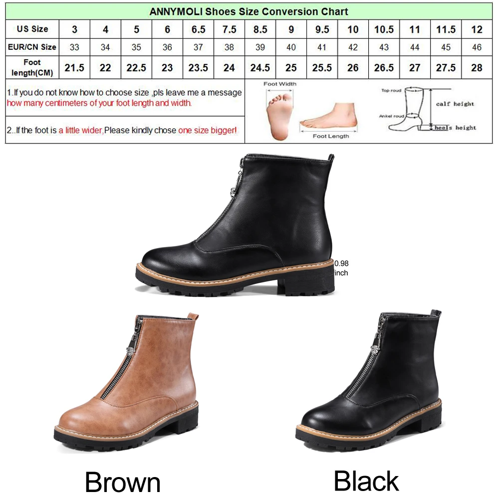 

ANNYMOLI Women Square Heel Female Boots Ankle Boots Low Heels Autumn Shoes Zip New Winter Shoes Brown PU Leather Plus Size 33-43