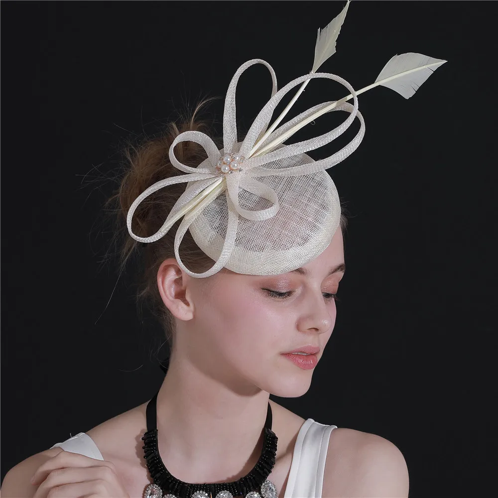 

Women Party Hats Elegant Ladies Fascinators Sinamay Wedding Party Ivory Headpiece Ladies Club Headwear Linen Hair Accessories