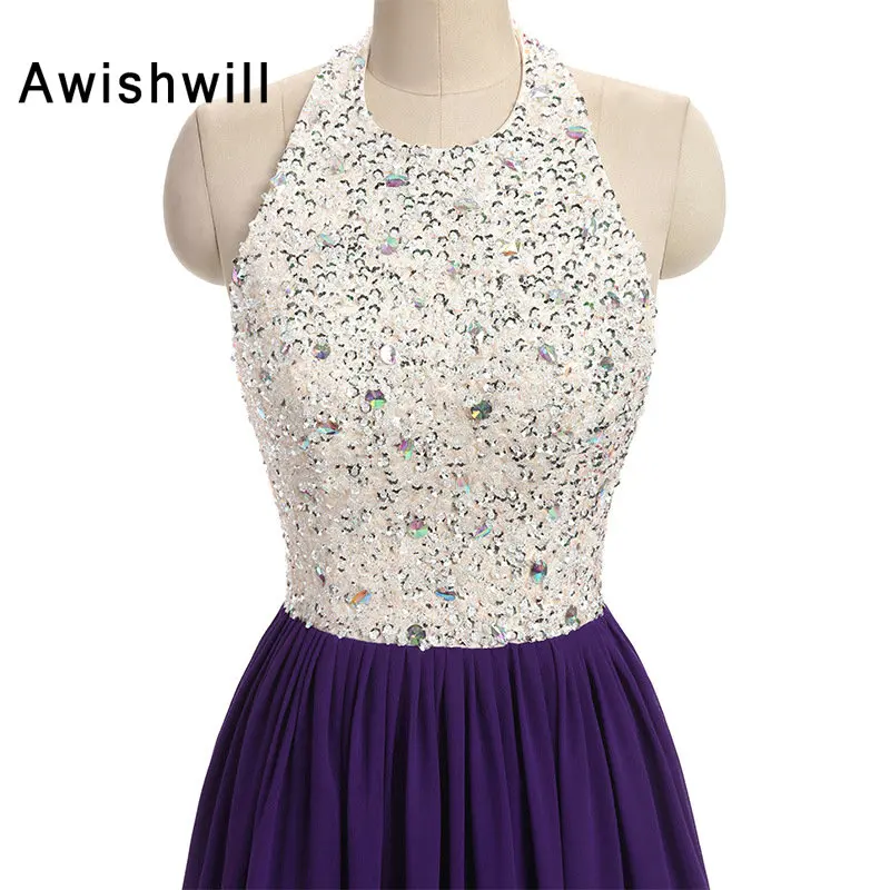 Real Pictures Long Evening Dress Purple Halter A-Line Beadedings Sequined Floor Length Chiffon Formal Party Gown | Свадьбы и
