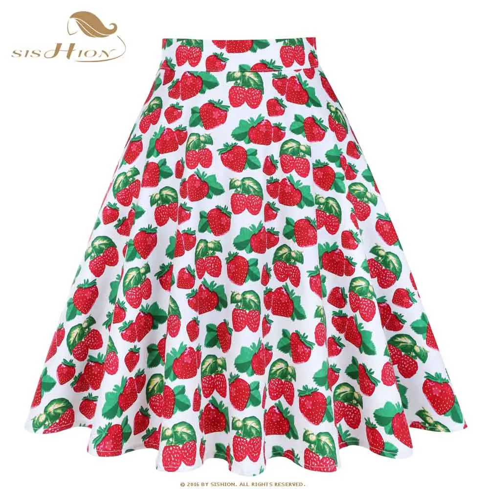 

SISHION 2022 Summer Skirt Strawberry Print Women Skirt Cotton High Waist Big Swing Womens Vintage White Skater Skirts VD0561