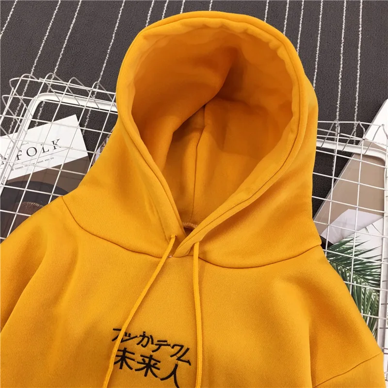ROPALIA New Fashion Corduroy Sweatshirts Long Sleeves Chinese Letter Harajuku Print Girl Light Pullovers Tops Hooded Sweatshirt