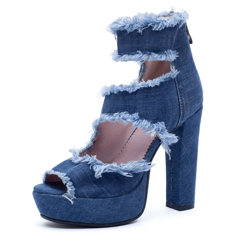 Blue REAVE CAT/Новое поступление года; сезон весна-лето; женская обувь на высоком квадратном каблуке; на молнии; джинсовая обувь на платформе; пушистая обувь; цвет черный, синий; A2034 - Цвет: Blue