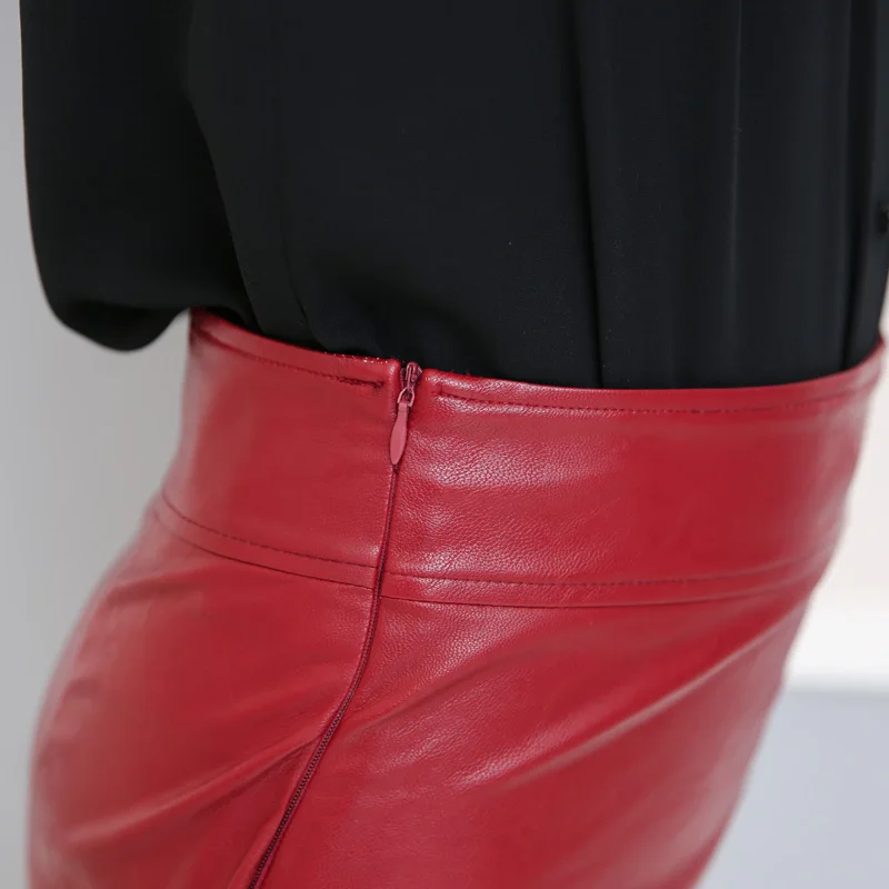 2019 осень зима Женская юбка из искусственной кожи сексуальная красная Черная