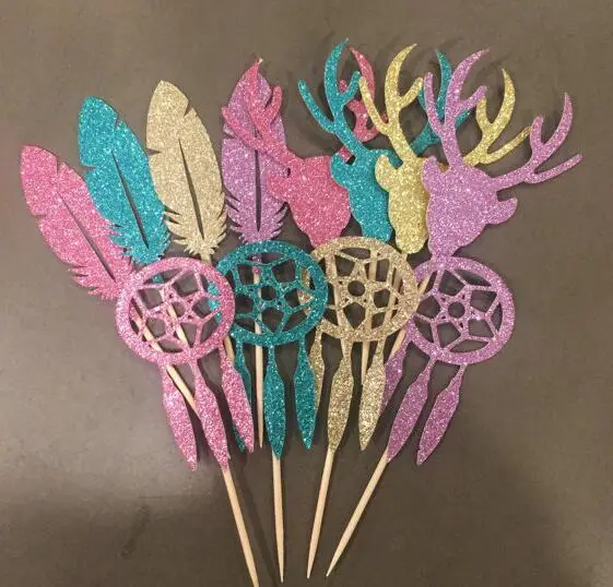 

Glitter Boho Stag Head, Feather, Dream Catcher baby shower first Birthday Cupcake Toppers Christening baptism food picks