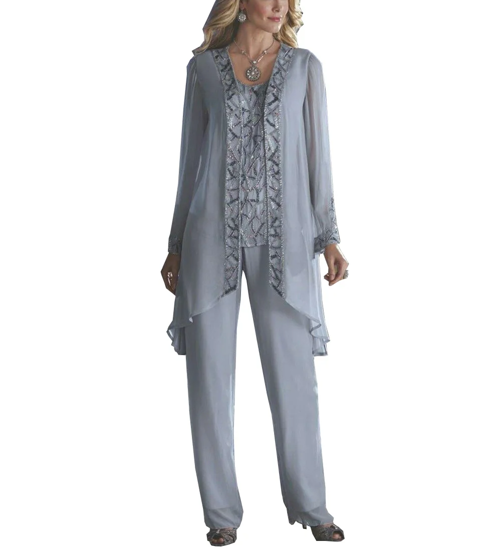 light blue Женский элегантный шифоновый костюм из 3 предметов с блестками, платье для матери невесты, брюки, костюм в пол для свадьбы, жениха - Цвет: light blue