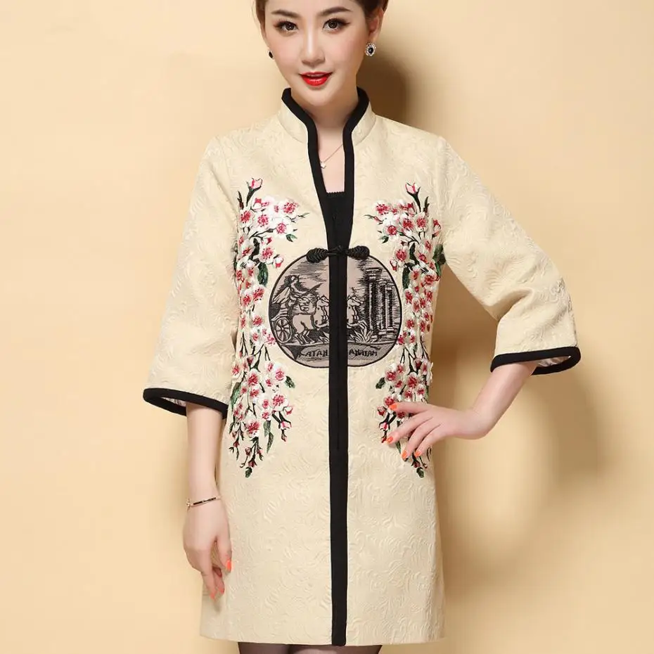 Embroidery Kimono Jacket Women Spring Embroidered Coat Chinese Tang Jackets Plus Size Middle Age Clothing Style Tops | Женская одежда