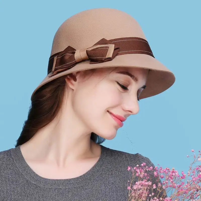 Осенне зимняя шляпа Колокол из 100% ной шерсти с бантом|wool fedora hats|fedora hatcloche hat |
