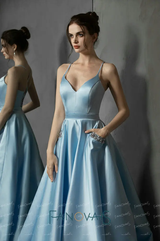 Синий Атлас вечерние платья простое платье выпускного вечера с карманами Vestidos de