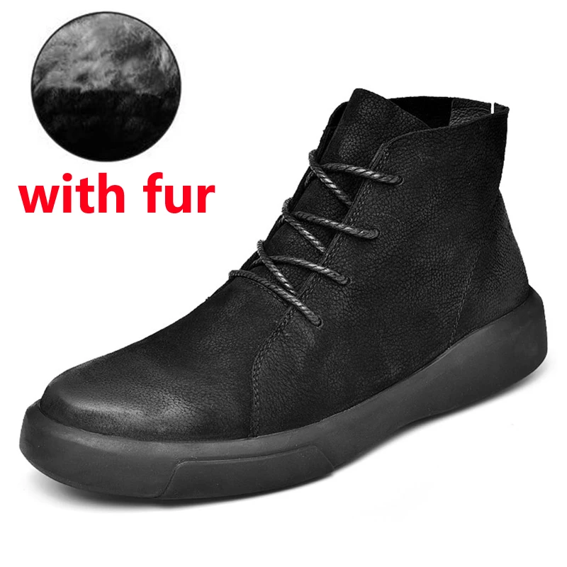 black with fur JINTOHO/зимние мужские ботинки из натуральной кожи; модная мужская зимняя обувь; Брендовые мужские кожаные ботинки; мужские Ботильоны; Bota Masculina - Цвет: black with fur