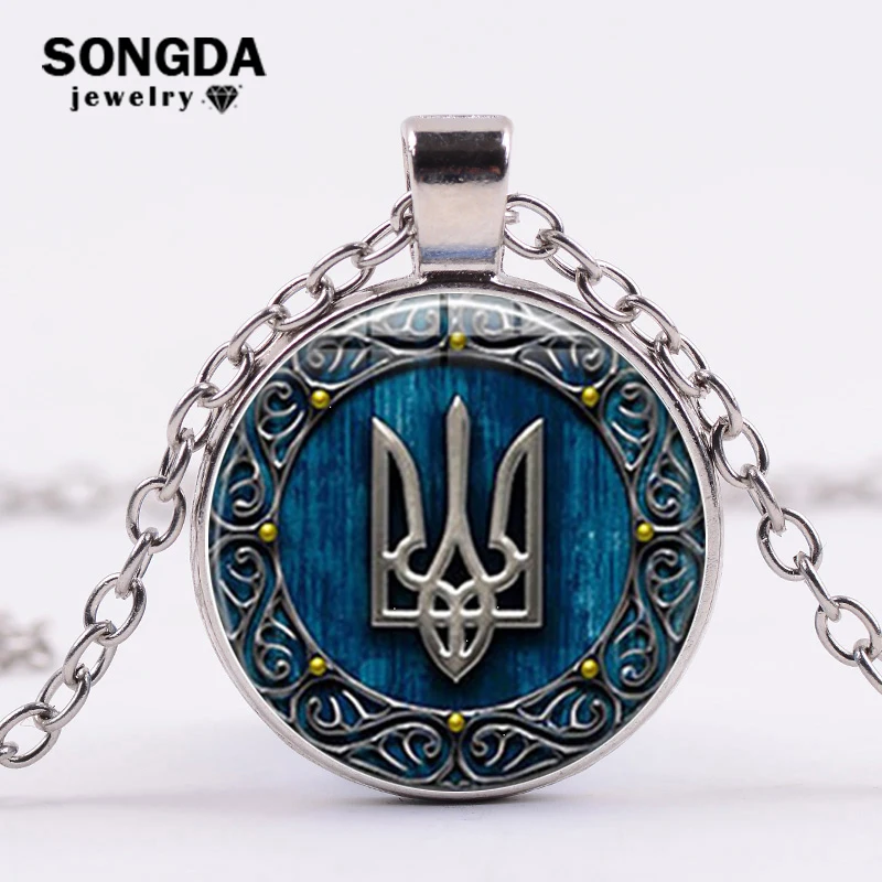 

Ukraine Tryzub Necklace Ukrainian Symbol Jewelry Vintage Rune Pattern Glass Cabochon Chain Pendants Necklace For Men Women Gifts