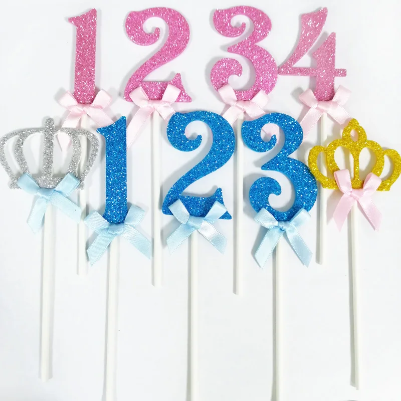 24 шт., блестящая мягкая пена, розовый, синий, 1, 2, 3, 4 цифры, серебряные золотые короны, кекс, украшение для именинного торта для маленьких мальчиков и девочек