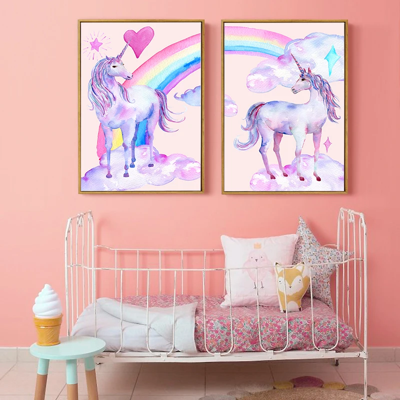 Nordic Kawaii 2PCS Cute Pink Princess Rainbow Series Cartoon Canvas Painting Art Print Poster Picture Children Bedroom Home Deco | Дом и сад