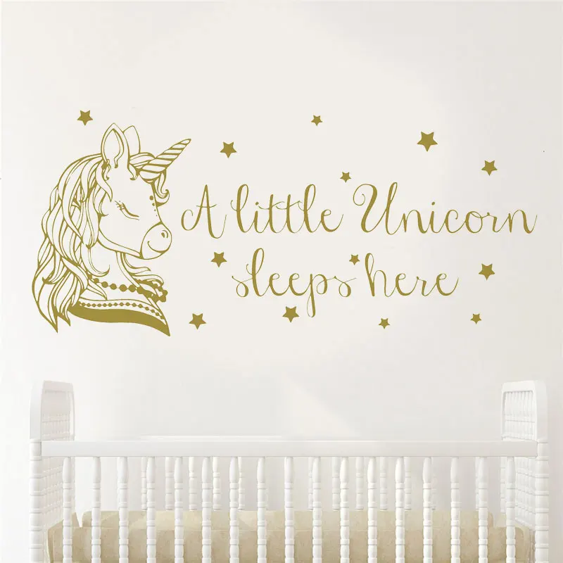 A Little Unicorn Sleeps Here Vinyl Quote Wall Sticker Nursery Girls Decals Art Home Decor Baby Room Cartoon Removable Mural BO60
