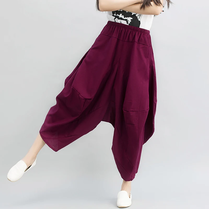 Wide Leg Harem Pants Trousers 2021 Chinese Style Streetwear Women Ethnic Vintage Elastic Waist Loose Long Cotton Linen Pants