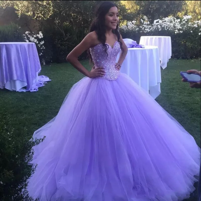 Бальное платье для Quinceanera длинное с бисером и кристаллами милое Лавандовое 15 лет