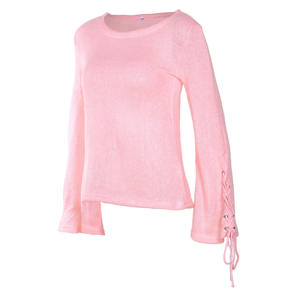С длинным рукавом на шнуровке пуловер Повседневный свободный свитер Топы вырез