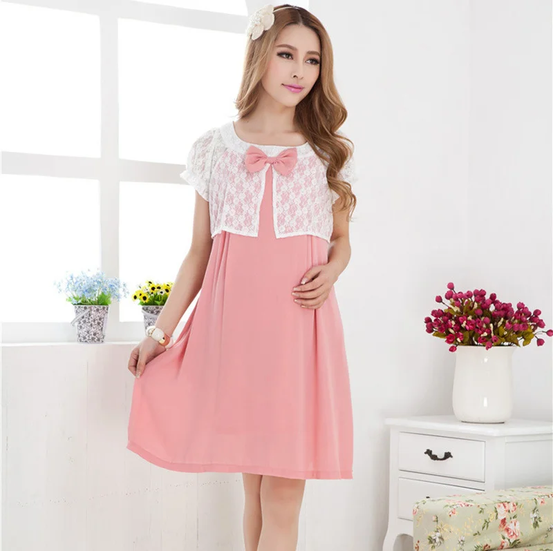 Maternity Dresses Lace Chiffon Knee Length Dress pregnancy Casual Clothes for pregnant women Summer Clothing Large size 2014 New|dress
