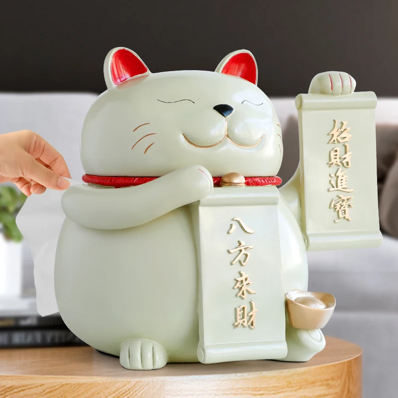 Статуя счастливая кошка из смолы с коробкой для салфеток настольного декора фэн
