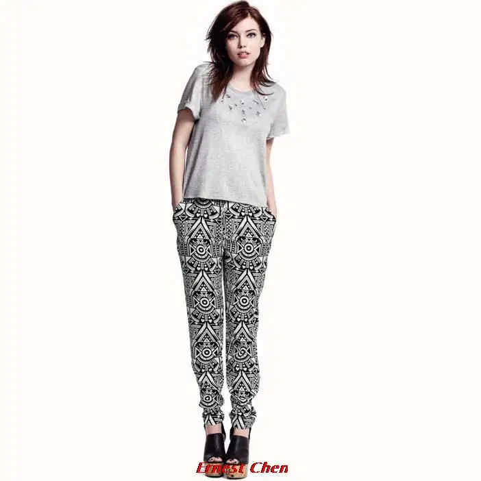 Free shipping tribal totem pattern chiffon loose lightweight trousers tapered leg elastic waist drawstring style summer pants | Женская