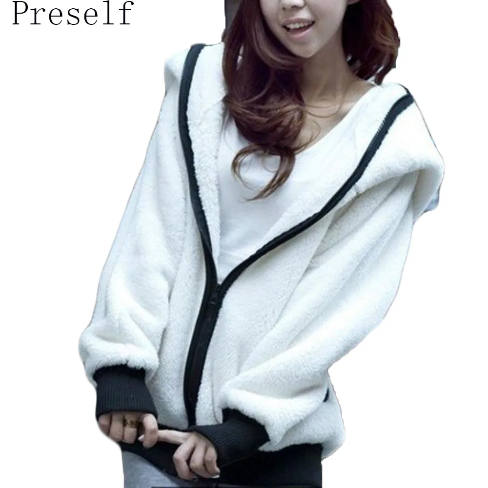 Preself New 2018 Women's Fashion Wool Black And White Panda Hooded Zipper Slim Jacket | Женская одежда