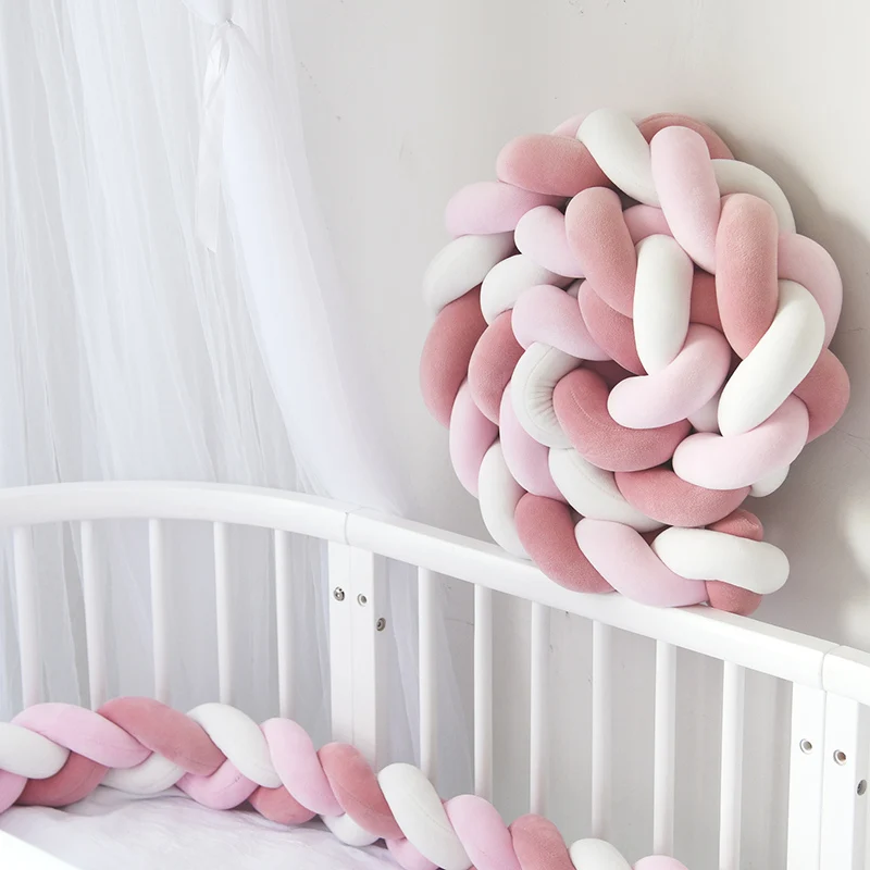 pink powder white 2 м Длина Новорожденный ребенок кровать бампер чистый плетение плюшевый узел кроватки бампер детская кровать защита для кроватки Декор детской комнаты - Цвет: pink powder white