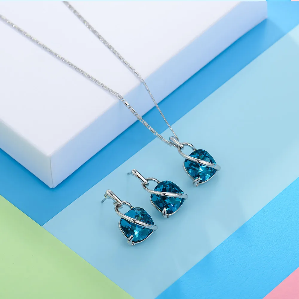 Viennois Fashion Blue Crystal From Women Jewelry Sets Trendy Dangle Earrings And Pendant Chain Necklace | Украшения и аксессуары