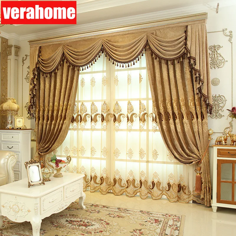 

Европейские роскошные шторы с вышивкой, отвесный тюль для гостиной, спальни, шенилле, с цветочным рисунком, коричневая занавеска на окна