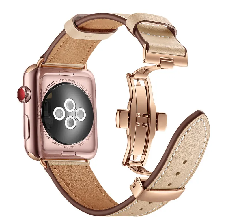 Ремешок из натуральной кожи для Apple Watch 3/2/1 42 мм 38 мм Iwatch Series 3 2 1 ремешок из нержавеющей стали бабочка Пряжка наручные часы