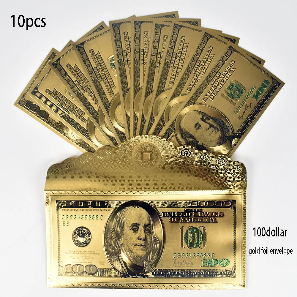 

10 PCS 24K Gold Foil 100 Dollar USD Collection Banknotes with Envelope
