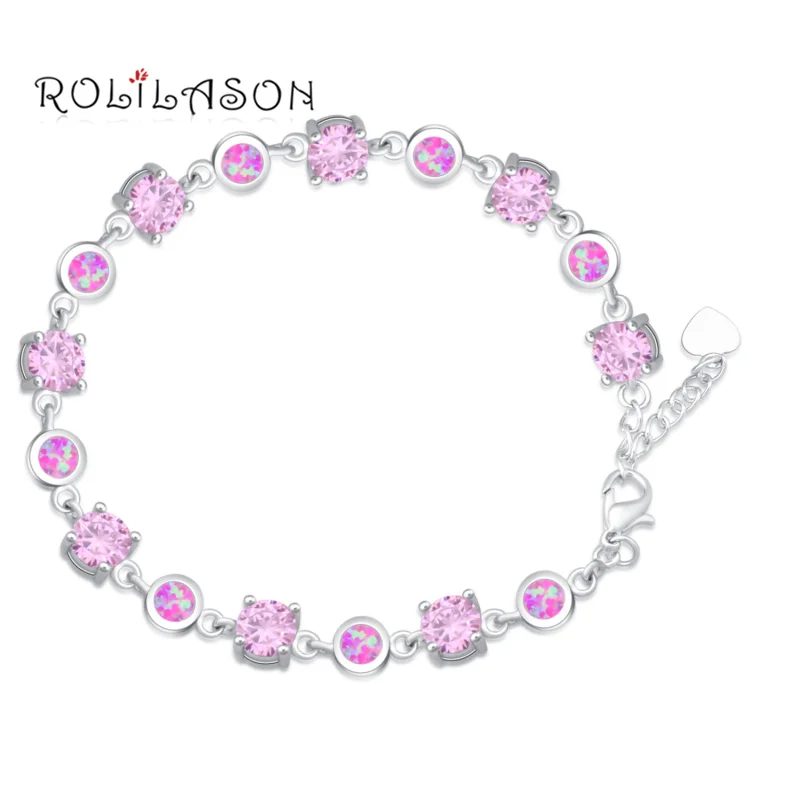 

ROLILASON aliexpress Pink zircon Pink Created Fire Opal 925 Silver Stamped Charm Bracelets Women OBs090