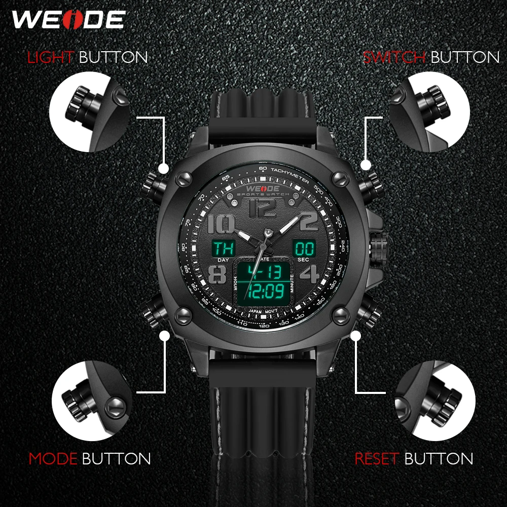 WEIDE спортивные мужские часы от ведущего бренда, силиконовый браслет с черным ремешком, кварцевые наручные часы с цифровыми цифрами, мужские часы