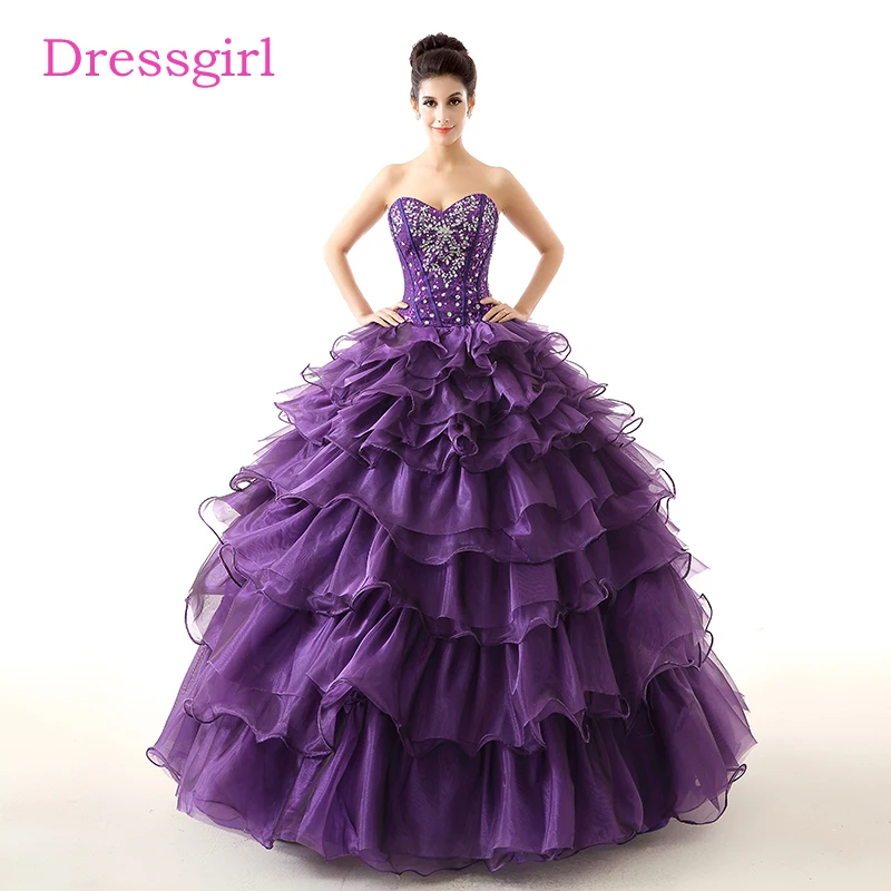 Фиолетовые Дешевые Бальные платья Quinceanera, милое платье из органзы с оборками, блестками и кристаллами, 16 платьев