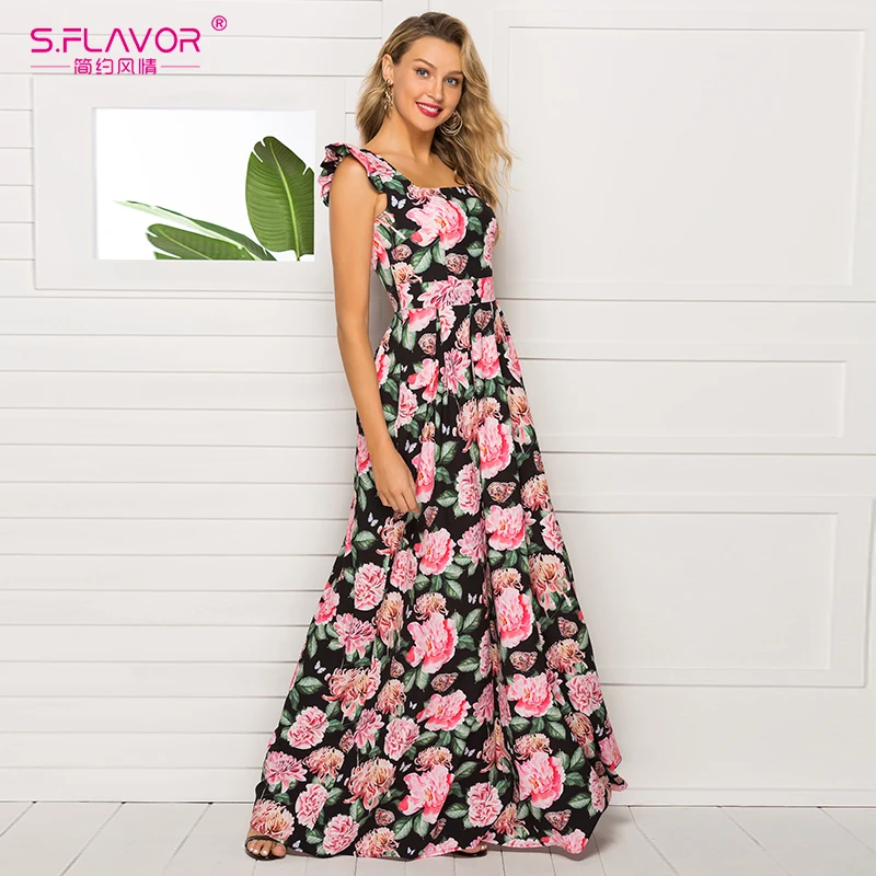 Женское платье макси S.FLAVOR длинное без рукавов с принтом и квадратным воротником