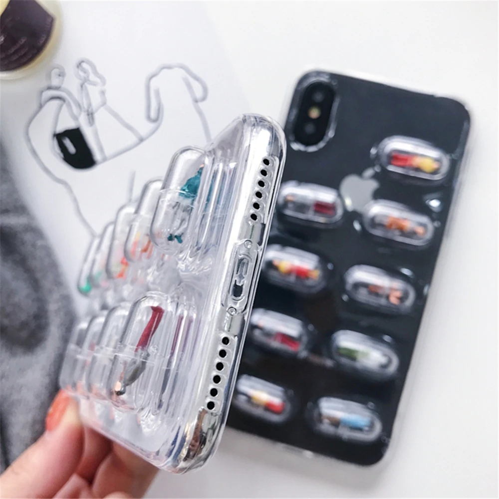 Lovely 3D Pill Capsule Transparent Phone Case for iphone 7 Cartoon Character Soft Back Cover For iPhone 6 6S 8 Plus X 10 |