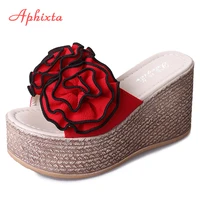 aphixta 9cm platform wedge slippers women shoes clog riband rose flowers sandals girls flip flop slides pantoufle femme