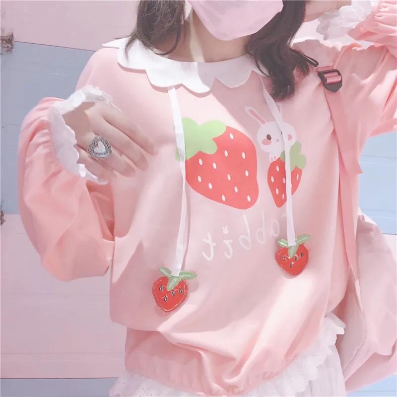 Клубничный узор свободные розовые Кофты для Kawaii Девушка с длинным рукавом